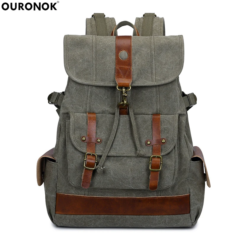 

OURONOK New Original Brand Backpack Men's Casual Vintage Tide Unisex Retro Canvas Rucksacks Student Casual School Fashion bag