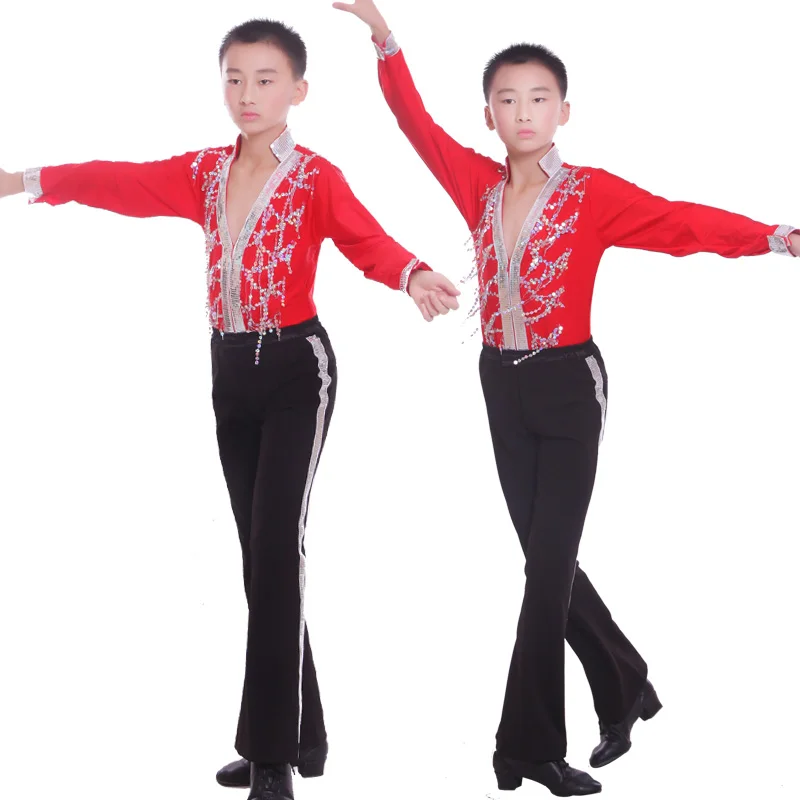 Red Boy's Latin Dance Shirt Classical Latin Ballroom Dancing Clothes