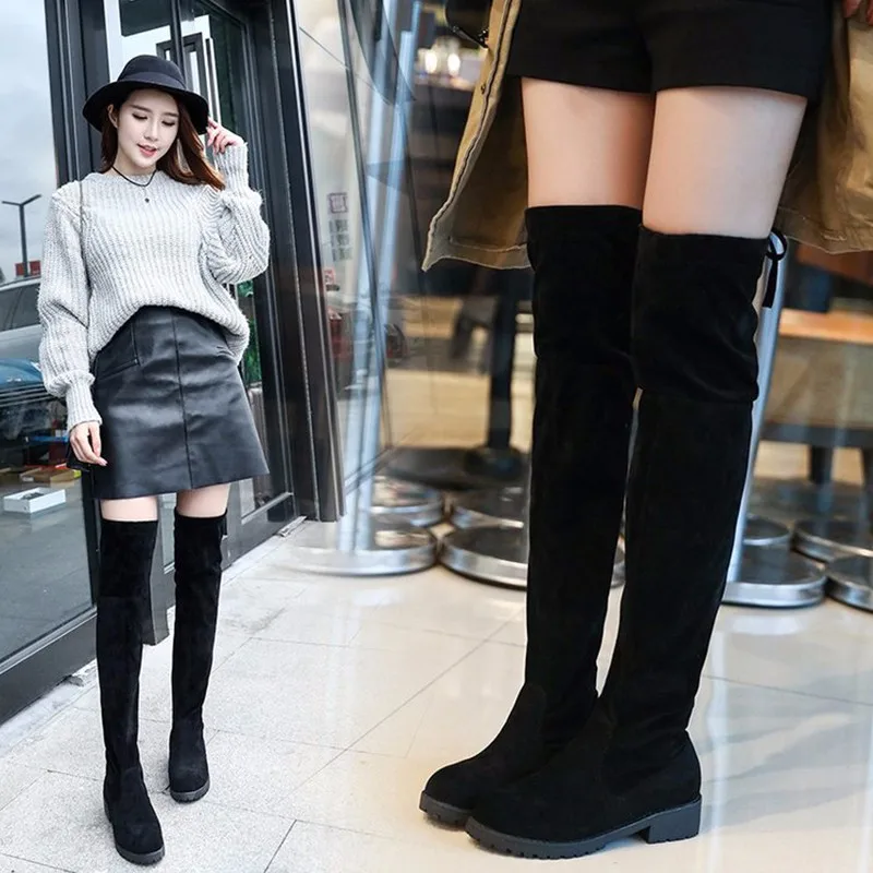 

Fashion Lace Up Over Knee Women Boots Ladies Flats Shoes Woman Suede Long Boots Winter Casual Over The Knee Boots 34-41Size