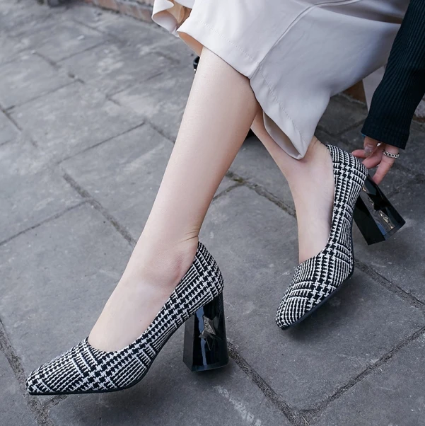 D Knight Women Pumps Fashion Plus Size 32-43 Elegant Round Toe Square High Heels New Ladies Woman Shoes Black White Flower I88 (6)