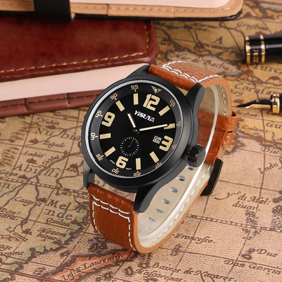 YISUYA Men's Sports Watch Luxury Date Genuine Leather Brown Wrist Watches Male Pilot Military Japan Quartz Watch Relojes  (11)