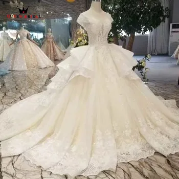 شراء100% صور حقيقية فساتين زفاف فاخرة الإمبراطورية رقيق تول الدانتيل الزهور كريستال الخرز زي العرائس 2020 جديد تخصيص LO09