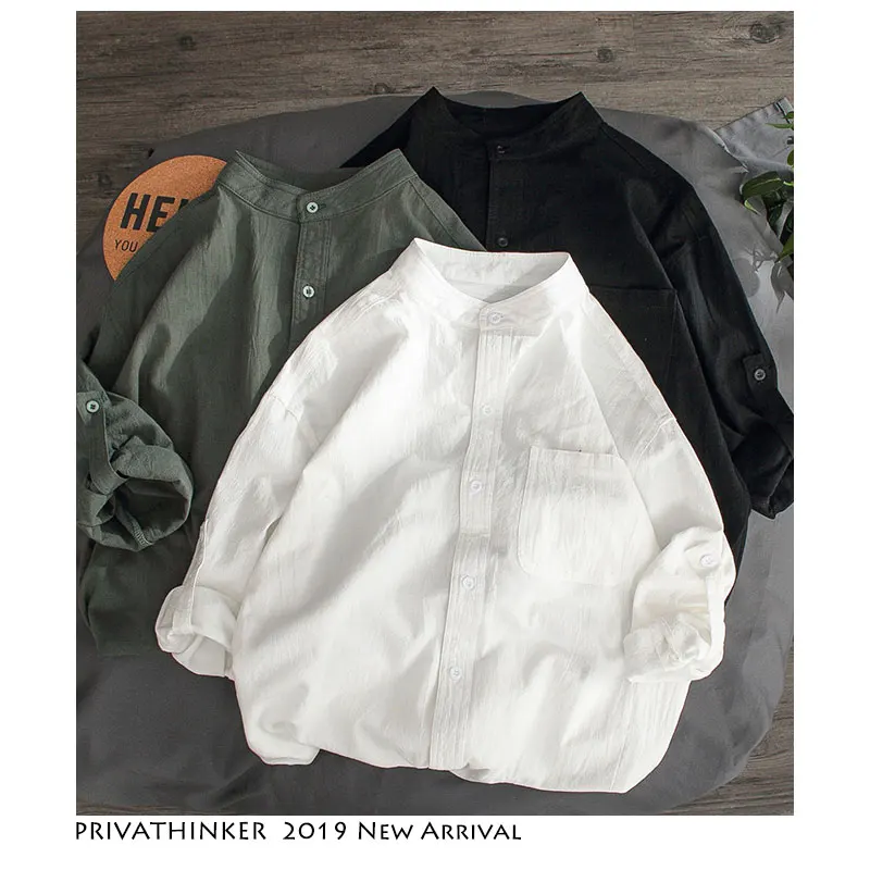

Privathinker Men Harajuku Streetwear Casual Shirts 2019 Mens Summer Cotton Linen Shirt Male Korean Solid Shirt Fashions Oversize