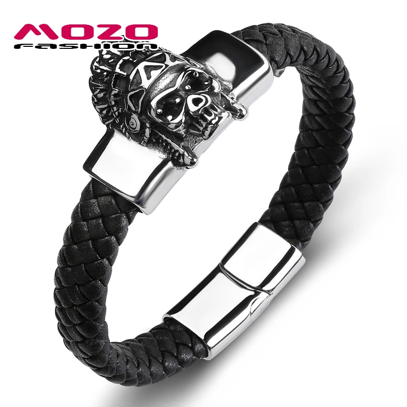 

MOZO FASHION Punk Men Jewelry Black Braided Genuine Leather Bracelet Stainless Steel Magnetic Clasp Bracelets Bangles Men 126