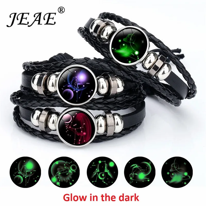 

Luminous 12 Constellation Zodiac Sign Bracelet Men Black Leather Bracelets Cancer Leo Virgo Libra Taurus Glass Dome Punk Jewelry