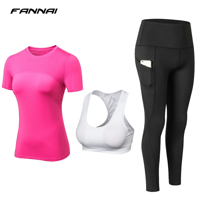 Комплект из 3 предметов, одежда для йоги, костюм, футболка+ бюстгальтер+ штаны, Спортивная быстросохнущая дышащая одежда для бега, фитнеса, спортивная одежда для женщин