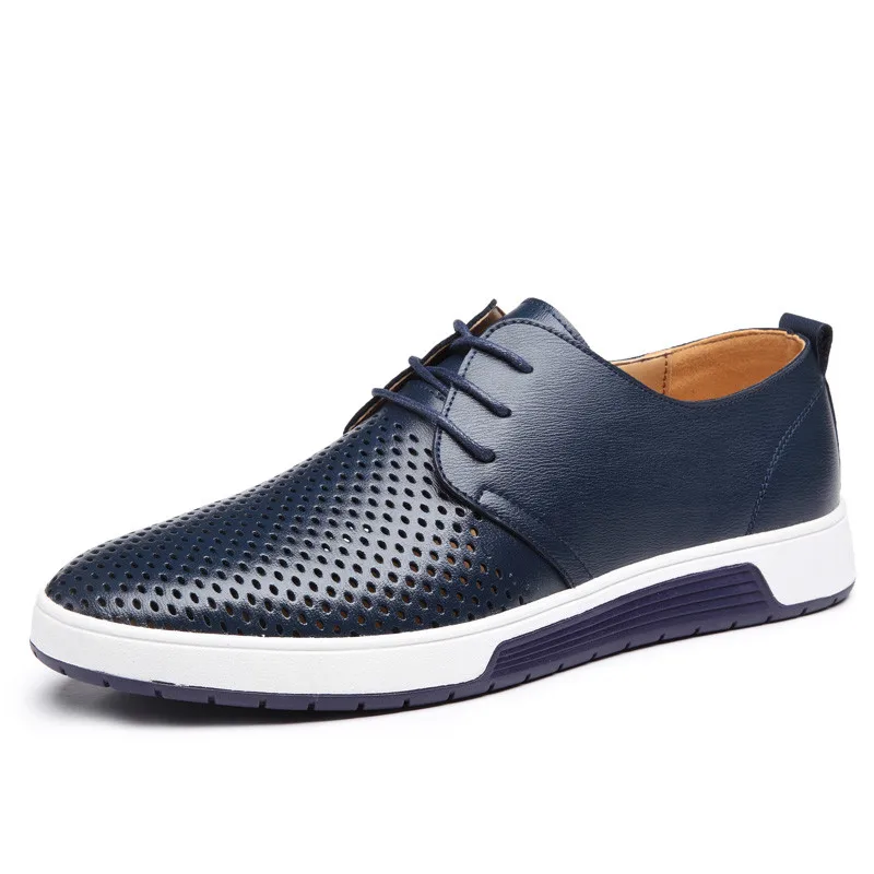 

Plus Size 37-48 New 2018 Men Casual Shoes Leather Summer Breathable Holes Luxury Brand Flat Shoes for Men Shoes Drop Shipping