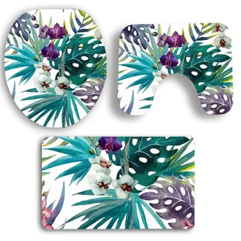 

Flower Leaf Fresh Bathroom Pedestal Rug + Lid Toilet Cover + Bath Mat Set Non slip water Absorb color Brick Floral bathroom Mats