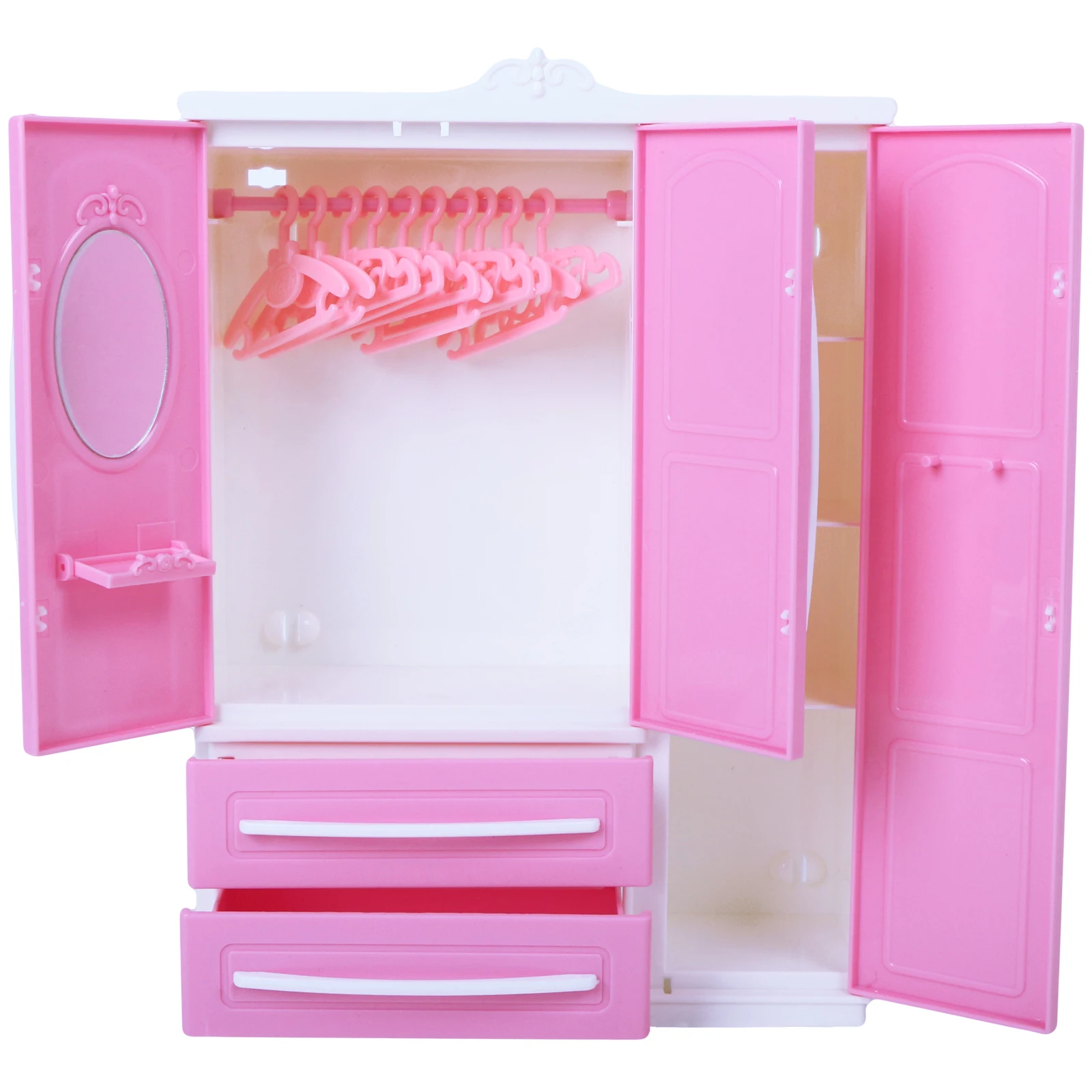 Baratos Armario rosa de alta calidad para muñeca Barbie + 10x percha de plástico Mini casa de muñecas dormitorio 16 accesorios de muebles bonitos chico