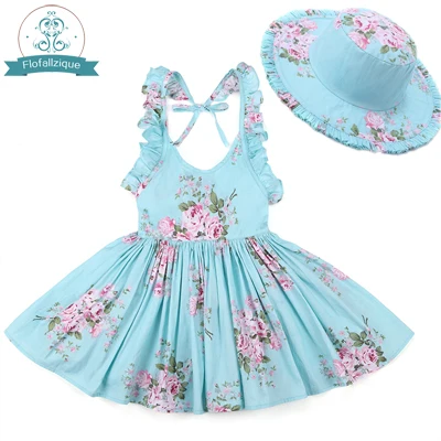 Baby Girls Dress with Hat 2018 Brand Toddler Summer Kids Beach Floral Print Ruffle Princess Party Clothes 1-8Y baby dresses Dresses