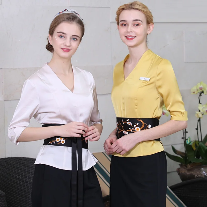 

2019 Spring/Summer New Beautician Workwear Female SPA Uniform Technician Work Clothing Women Beauty Blouse+Wide Pants Set