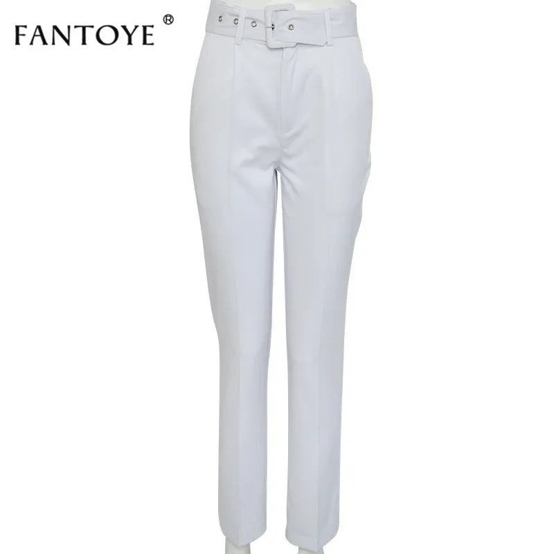 Fantoye повседневные женские брюки с высокой талией с поясом прямые свободные брюки женские летние однотонные длинные брюки-карандаши размера плюс бежевые - Цвет: Белый