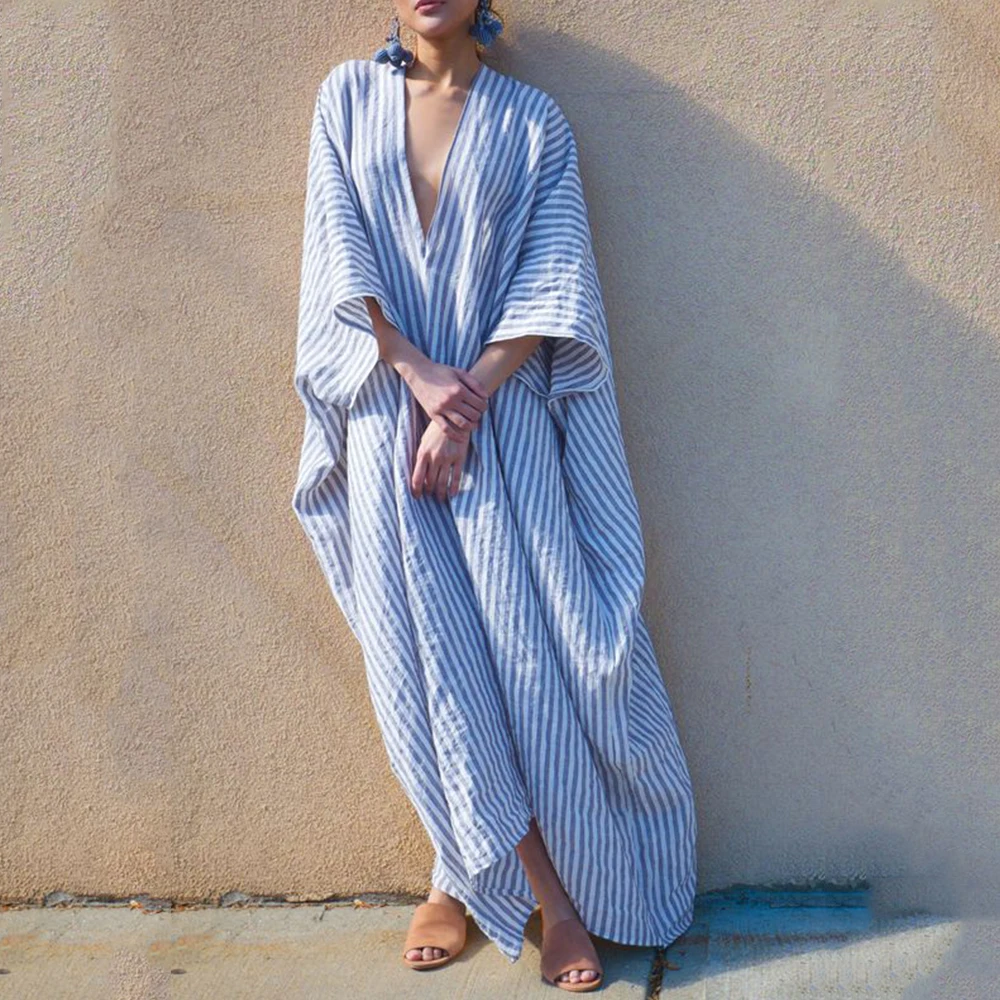 

Women Casual Dress Fashion Deep V Neck Loose Maxi Dress Stripe Print Bohemian Vintage Dresses Lady Beach Holiday Sexy ClothesD30