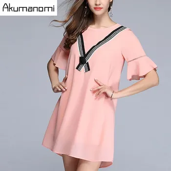 

Chiffon Dress Show Thin Loose Hollow Out Splicing Horn Sleeve Summer Dress Plus Size Pink 5XL 4XL 3XL 2XL XL L M