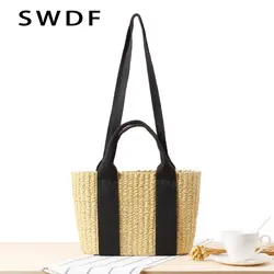 SWDF пляжная сумка на плечо сумка-мешок на завязках Для женщин сумка из соломы полые сплетенные сумки через плечо дамские сумочки Прямая
