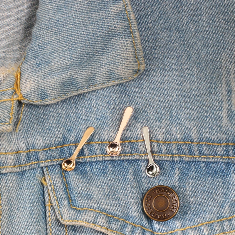 

3 Colors Coffee Cup Measuring Spoon Brooch Rose Gold Sliver Tiny Scoop Pins for Women Jackets Dress Men Hat Jewelry Metal Badge