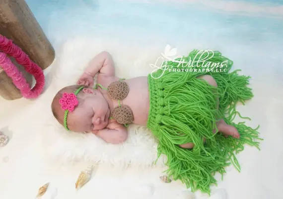 Вязаная крючком юбка с кокосовым топом и повязкой на голову для новорожденных, реквизит для фото новорожденных реквизит для фотосъемки NB-12 месяц