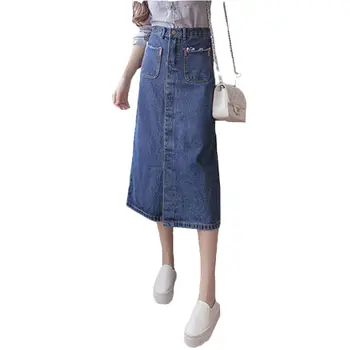 

Denim Skirts Womens Spring Autumn Korean A-line Split Step Skirt High Waist Long Skirt Jeans Saia Fringe Pocket Casual Jupe f550