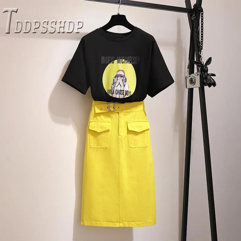 Summer Women Sets Black T Shirt and Yellow Skirt Female Sets - Цвет: picture