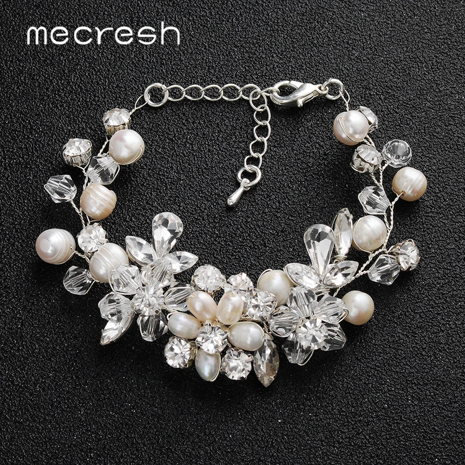 

Mecresh Freshwater Pearl Flower Wedding Bridal Bracelet for Women Crystal Link Chain Bracelets Bangles Fashion Jewelry MSL378