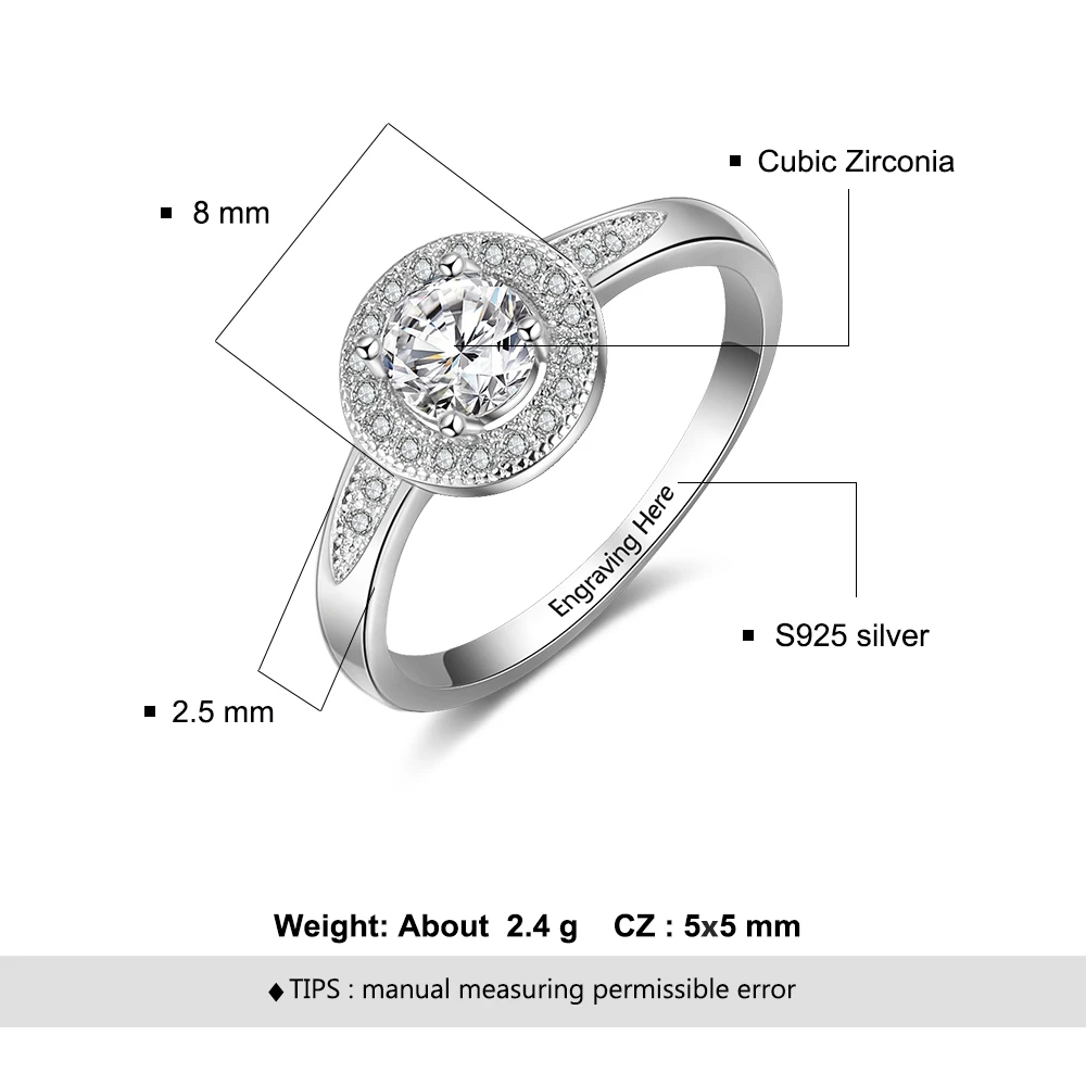 Personalized Solitaire Cubic Zirconia Promise Rings 925 Sterling Silver Engagement Wedding Rings for Women (RI103759)