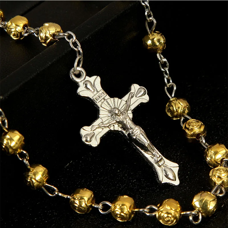 

6mm Gold Rose Beads Rosary Pendant Necklace Alloy Cross Virgin Mary Center Catholic Christian Religious Jewelry