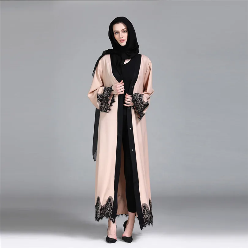 New Muslim Women Islamic Clothing Lace Splicing Long Coat Middle East Long open Abaya Robe Kaftan Dubai #4F08 (6)
