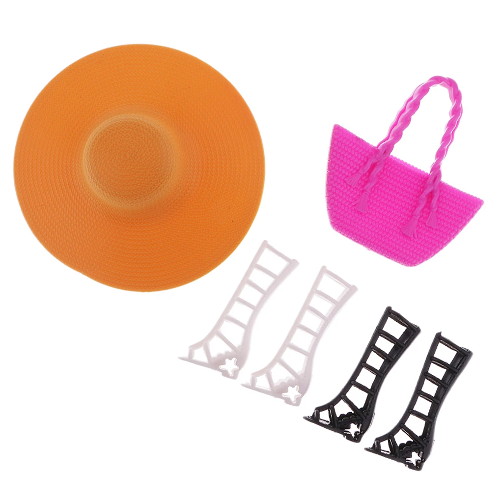 6 pcs Fashion Clothes for Doll Dress Up Two Pairs of Shoes High Sandal Beach Cap Hat Bags Costumes Accessories