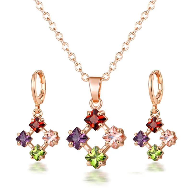 

MOONROCY Rose Gold Color CZ Jewelry Set Cubic Zirconia Colorful Crystal Necklace and Earrings for Women Dropshipping Jewelry