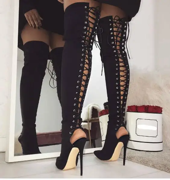 

Carole Levy 2019 Newest Lace-up Thigh High Boots Sexy Stretch Fabric Over the Knee High Heel Boots Woman Cutouts Gladiator Heels