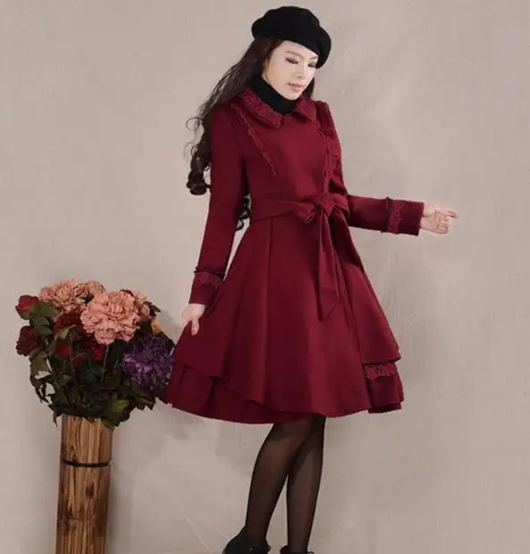 Manches Manteaux Automne Tempérament Outwear Longue Manteau Rétro Nouvelles Rouge Longues Conception Dentelle De Laine Femmes Patch À Jupe Hiver 2018 Douce AUnxPP