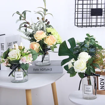 

Modern Glass Vase+Artificial Flower Set Figurines Home Silk Fake Flower Pot Ornaments Livingroom Furnishing Craft Decoration Art