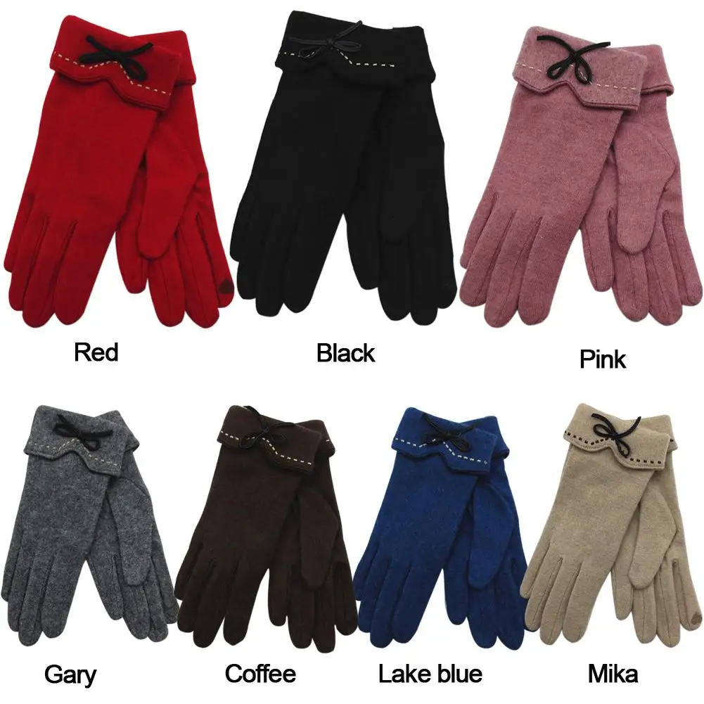 Women's Winter Gloves Wool & Cashmere Embroidery Leather Bow Knot Edging Touch Screen Open-fingered Gloves