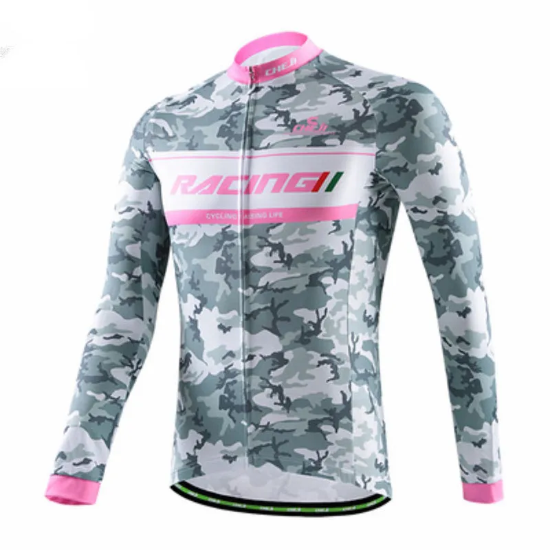 

Pink Camouflage CHEJI Men's MTB Long Jerseys Man Cycling Shirts Mesh Bike T-shirts Reflective Anti-UV Cycling Clothes Top Spring