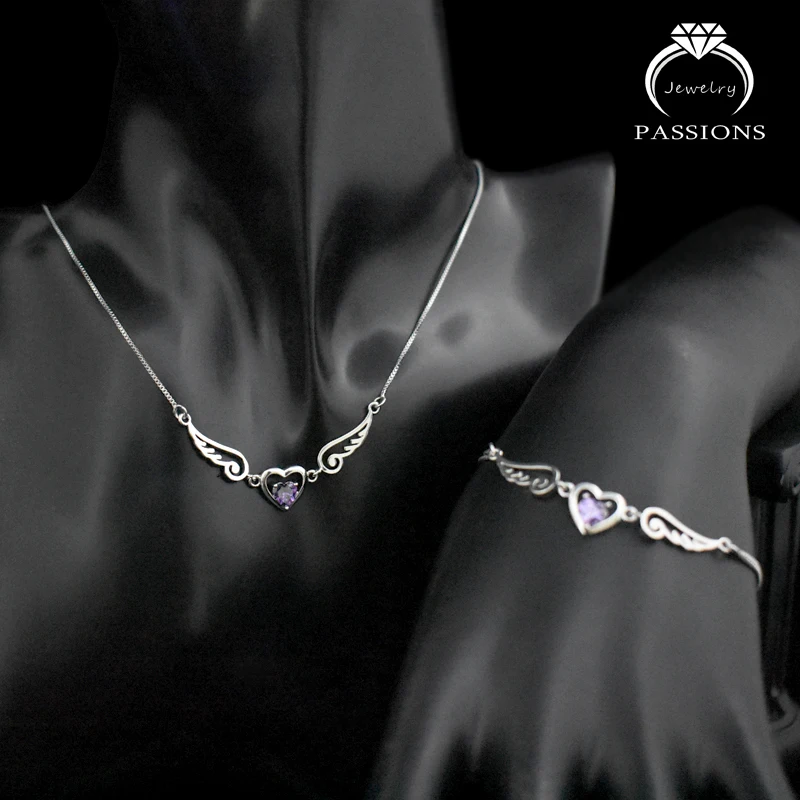 Hot 925 Sterling Silver Love Heart Angel Wing CZ Jewelry Set Purple AAA Zircon Pendant Necklace And Bracelet Women Fashion Gift