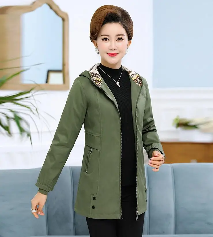 

2018 Fashion Middle Aged Hooded jacket coat female Elegant Spring Autumn Casual Windbreaker Coats Mother casaco feminino w163