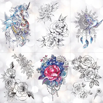

Lace Dream Catcher Unicorn Waterproof Temporary Tattoo Sticker Diamond Crystal Rose Tattoos Body Art Arm Hand Women Fake Tatoo