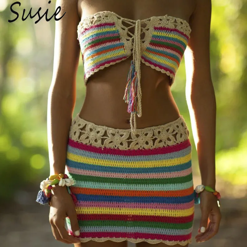 

Womens Sexy Bohemian Rainbow Handmade Crochet Knitted Bikini Set Drawstring Lace Up Bandeau Tube Top Shorts Beach Swimsuit