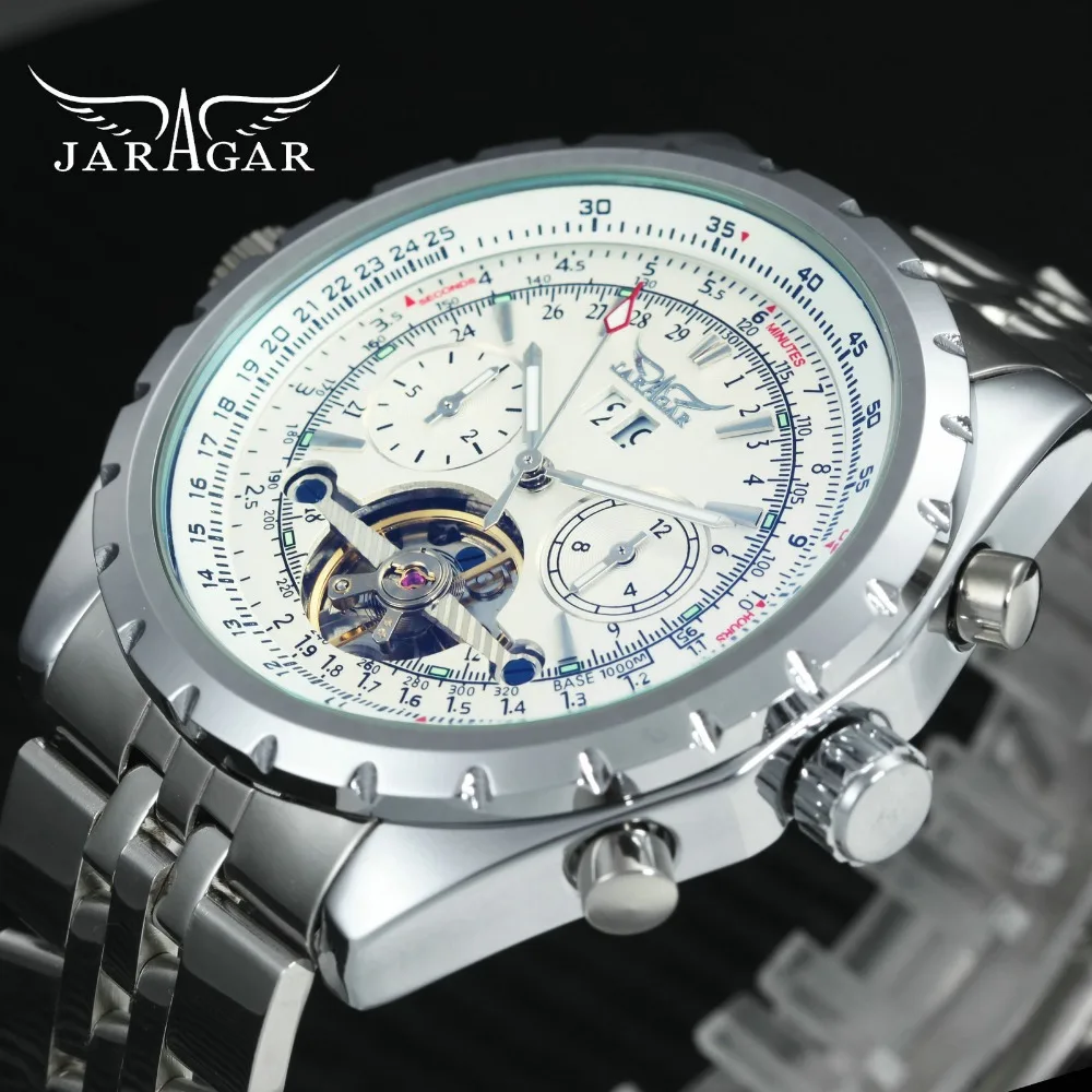 

JARAGAR Military Auto Mechanical Watch Men Tourbillon Skeleton Work 2 Dial Date Fashion Business Metal Strap Wristwatches 2019