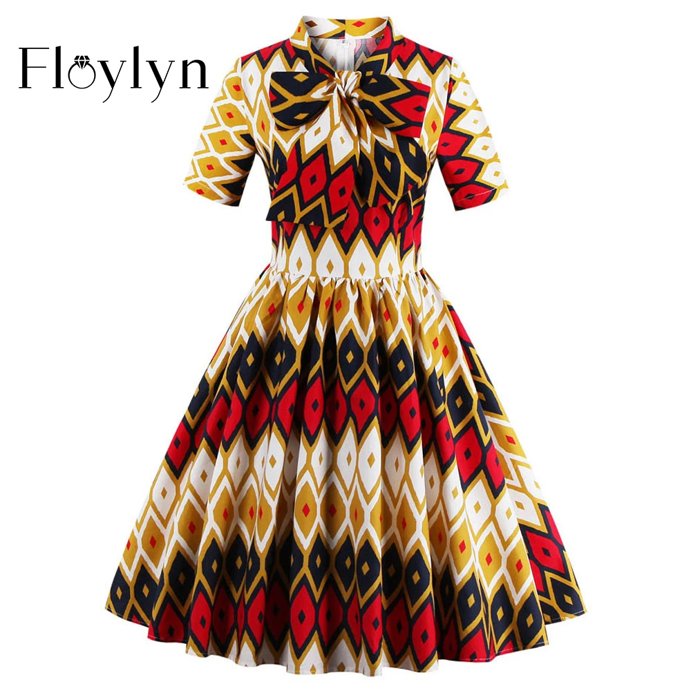 FLOYLYN Half Sleeve Bow Dress Vintage Retro 50S 60S Autumn Winter Party Elegant Dresses Women Chic Plaid Plus Size Dress