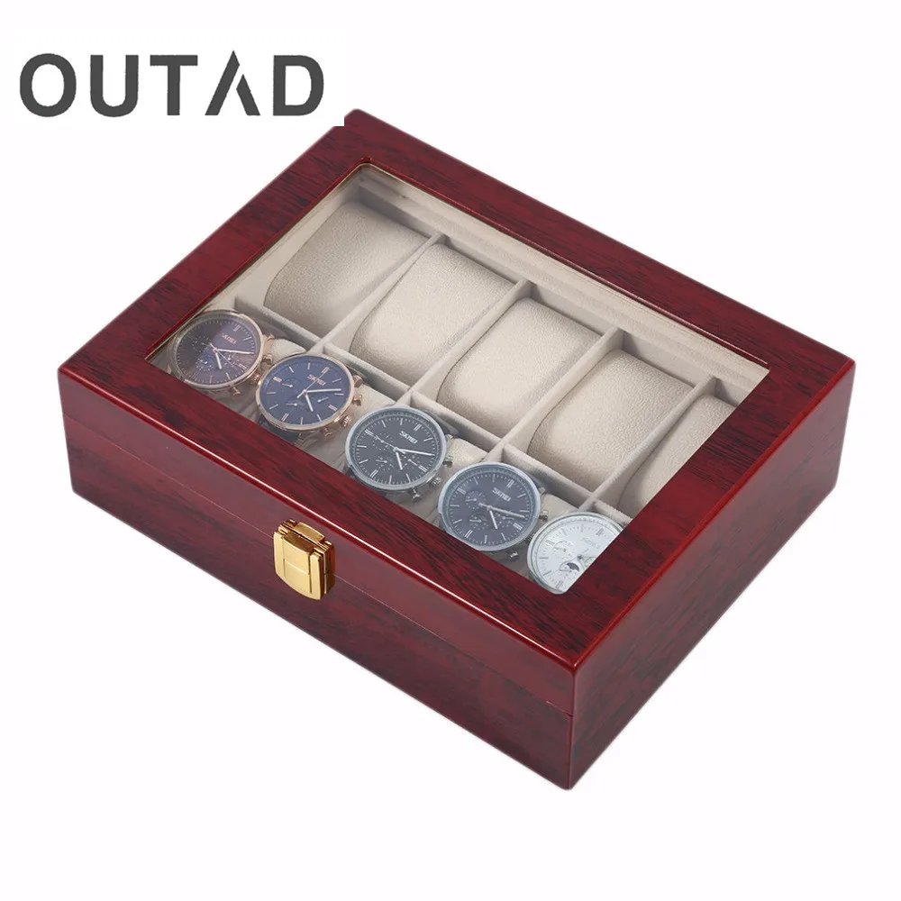 OUTAD Wooden Watch Box Luxury Solid Wood 10 Grid Storage Cases Display