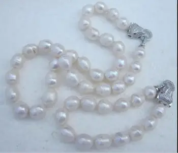 

AAA 10-12MM SOUTH SEA BAROQUE WHITE PEARL BRACELET NECKLACE SET Leopard Clasp