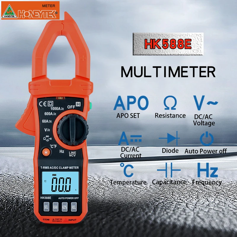 

HONEYTEK True RMS Multimeter Mini Digital Clamp Meters Non Contact AC/DC Current Voltage Auto Range VFC Capacitance Diode HK588E