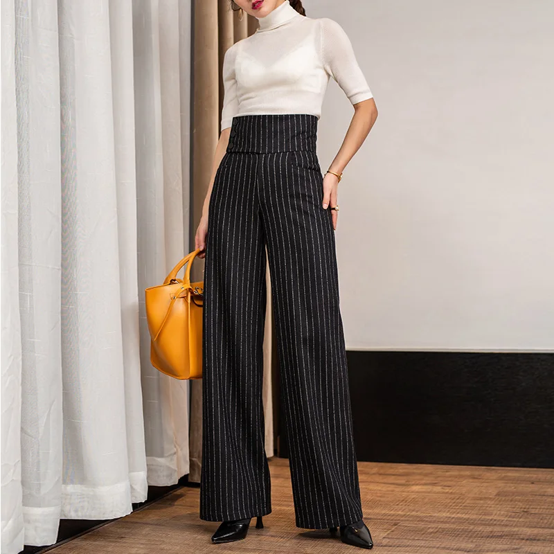 

High Waist Drop Hairy Wide Leg Pants Female Long Pants 2018 Autumn and Winter New Loose Striped Straight Pants Streetwear