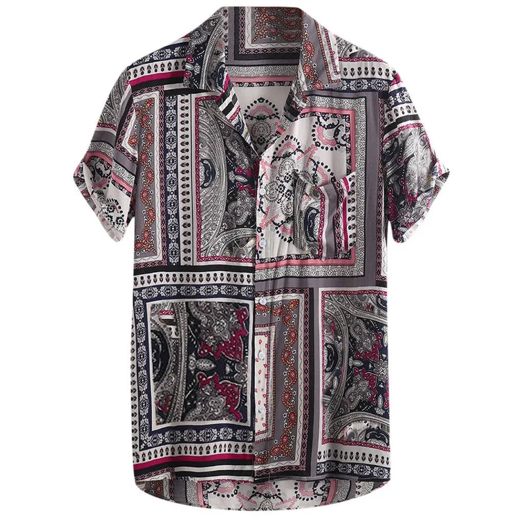

MUQGEW Short Sleeve Shirts Blouse Shirts Hawaiian Vintage Ethnic Printed Turn Down Collar Short Sleeve Loose Casual Shirts#y3