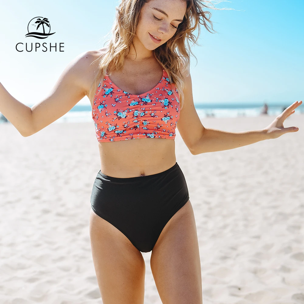 CUPSHE Привлекательный комплект бикини с лямкой через шею для женщин, на шнуровке, с высокой талией, два предмета, купальник,, для девочек, купальный костюм, купальник