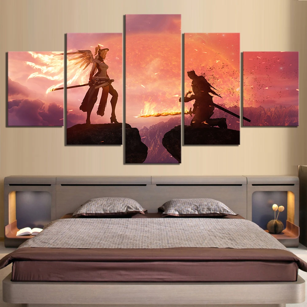 

5 Piece HD Picture Overwatch Angela Ziegler Mercy and Dark Soul Video Game Poster Wall Sticker Canvas Painting Wall Art Painting