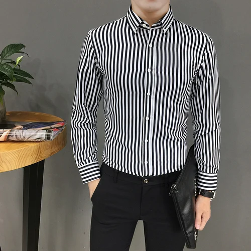 YASUGUOJI, новинка, мужские деловые повседневные приталенные рубашки с длинным рукавом, рубашки в Вертикальную Полоску для мужчин, официальные рубашки из полиэстера для мужчин - Цвет: black cs60