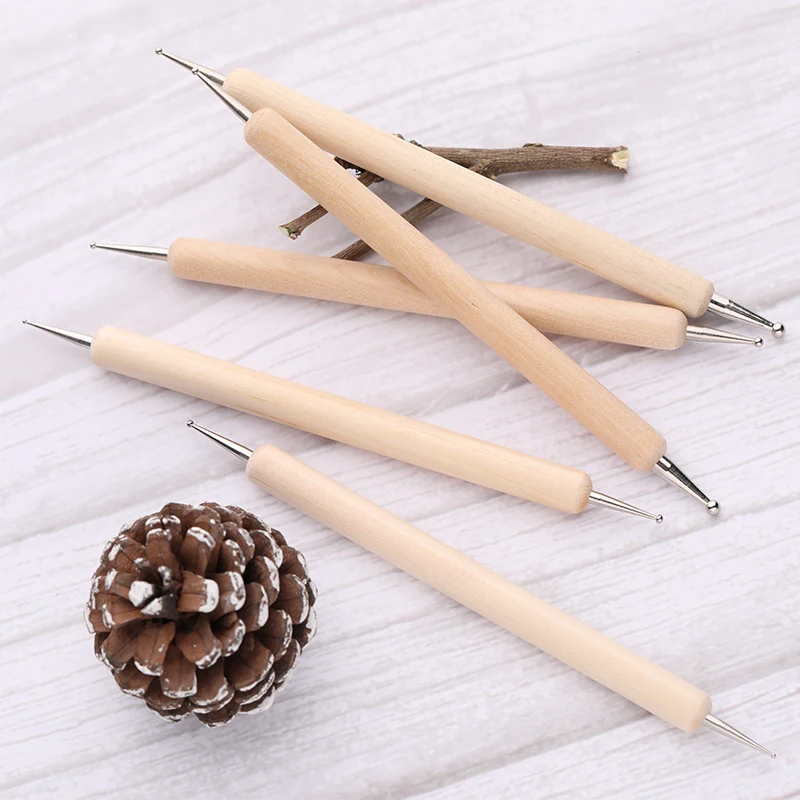 

5PCS Dual Heads Wooden Dotting Pen Nail Art Dot Dotting Tools Marbleizing Tool for Manicure Rhinestone Picker Accessory
