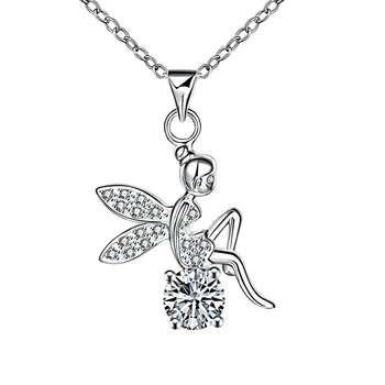 

3*2.2cm 925 Silver Angel Necklace Crystal Rhinestone Silver Angel Wing Necklaces 18inch Chain Sweater Pendant Collar 925 Jewelry
